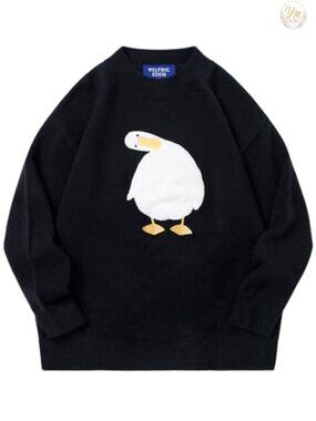 Oversized Duck Graphic Knit Sweater Crewneck Pullover Loose Fit
